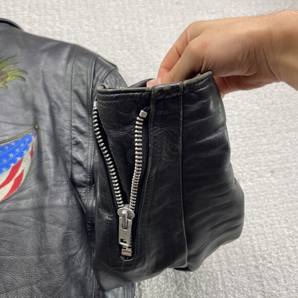 VTG Albert Montreal Leather Black Biker Jacket Coat Eagles American Flag USA REA - Picture 16 of 16